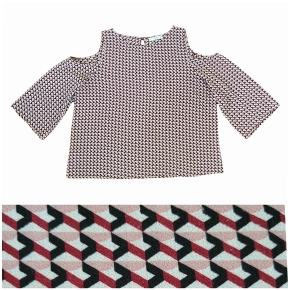 Mango cold shoulder pink & red geometric print top- size 6/M - Picture 1 of 8